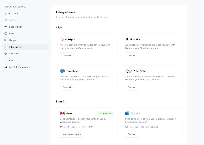 Integrations list within Hunter interface. 