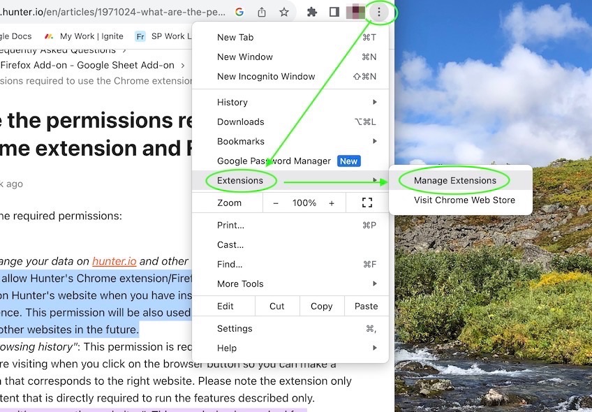 Manage extensions option with green arrow pointing to this selection.
