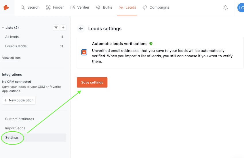 Leads settings page in Hunter interface.