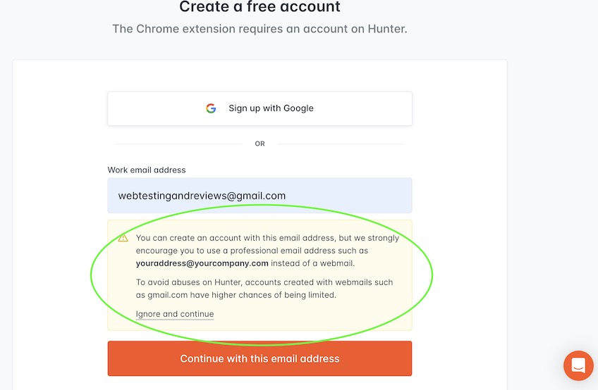 Create free account page for Hunter.io extension with warning that using work email is better. 