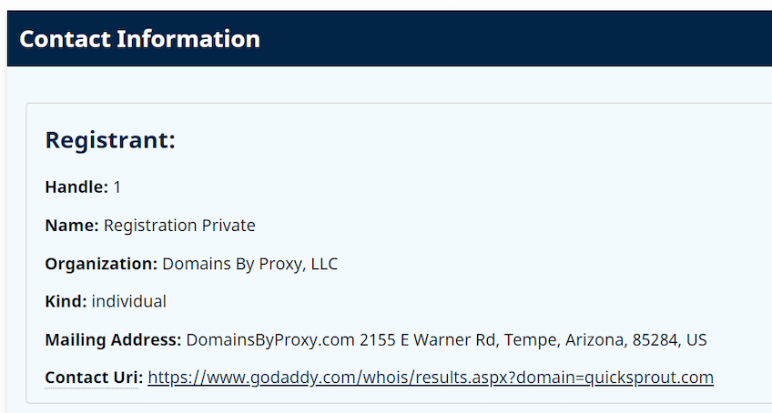 Screenshot of ICANN registrant contact information results