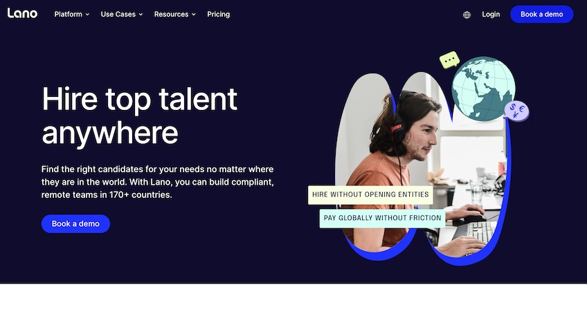 Landing page for hiring top talent anywhere with Lano. 