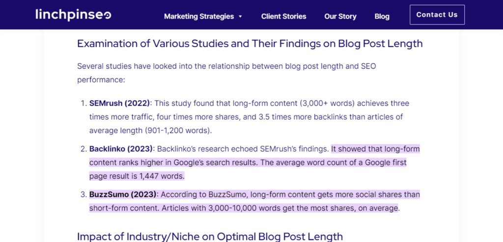 Screenshot of linchpinse article highlighting information about content length. 