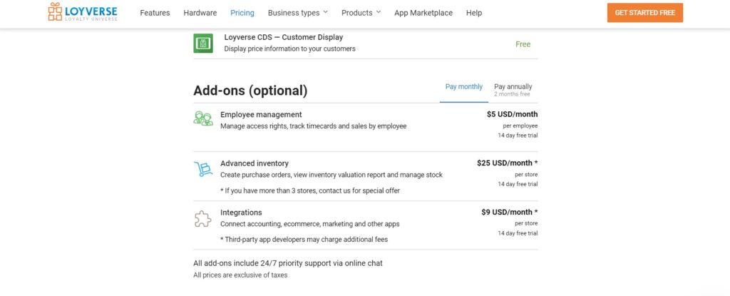 A screenshot of the Loyverse pricing for add-ons.