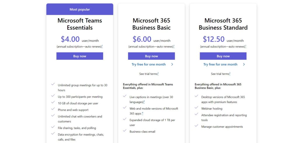 Screenshot of Microsoft Teams pricing plans.