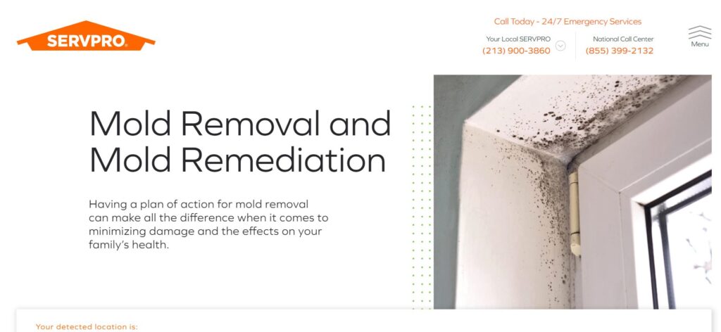 A screenshot of Servpros mold removal service page.