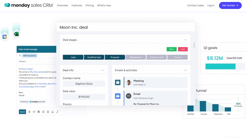 Monday Sales CRM landing page with examples of deal stages