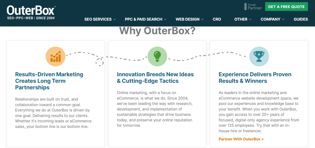 A screenshot of why customers should choose OuterBox for their SEO needs. 