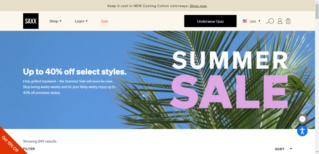 Screenshot of Saxx clothing shop homepage.