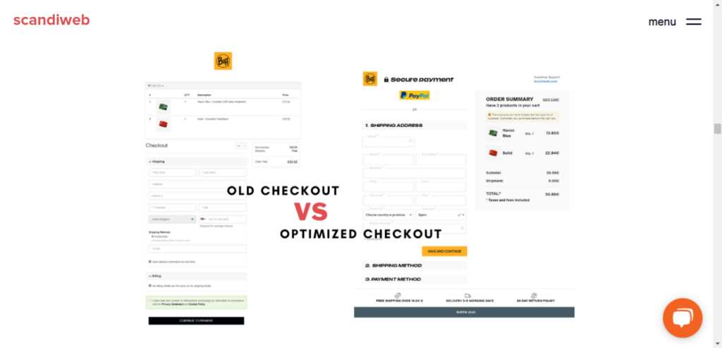 Infographic from scandiweb that shows and before and after case study of an optimized checkout. 