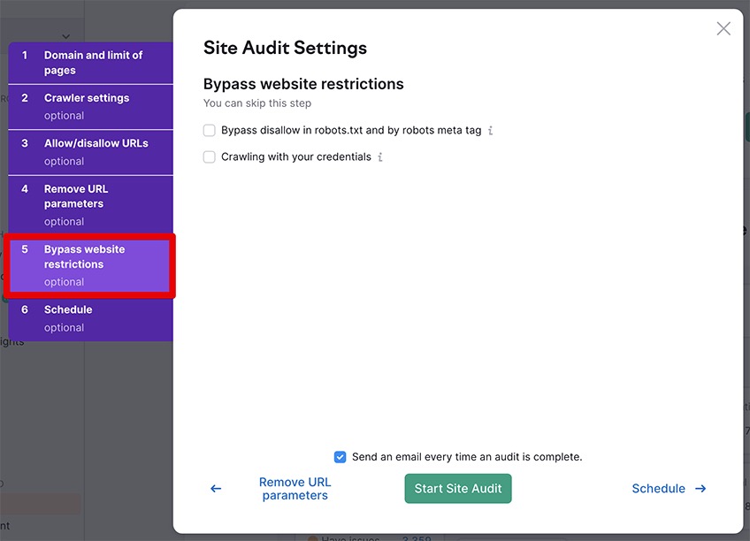 Bypass website restrictions page in site audit settings. 