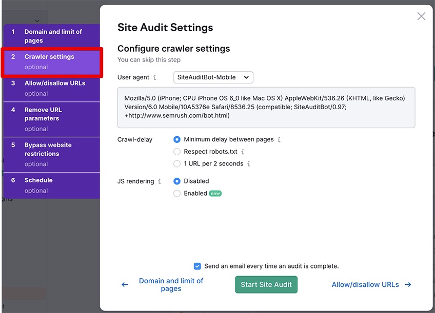 Site Audit Settings with configure crawler settings page. 