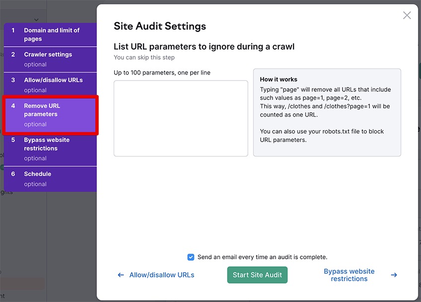 URL parameters page in site audit settings. 