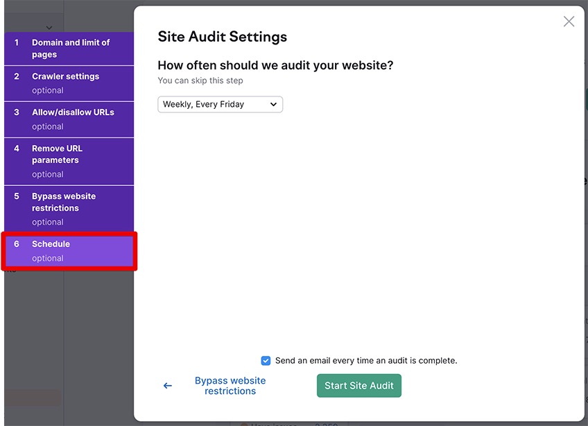 Schedule audit of website in site audit settings. 