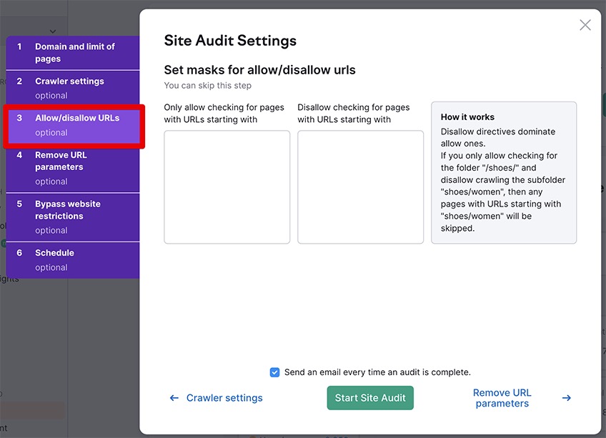 Allow/disallow URLs site audit settings page. 