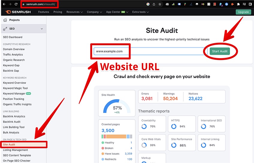 Semrush Site Audit page with red arrows pointing to Website URL and start audit button. 