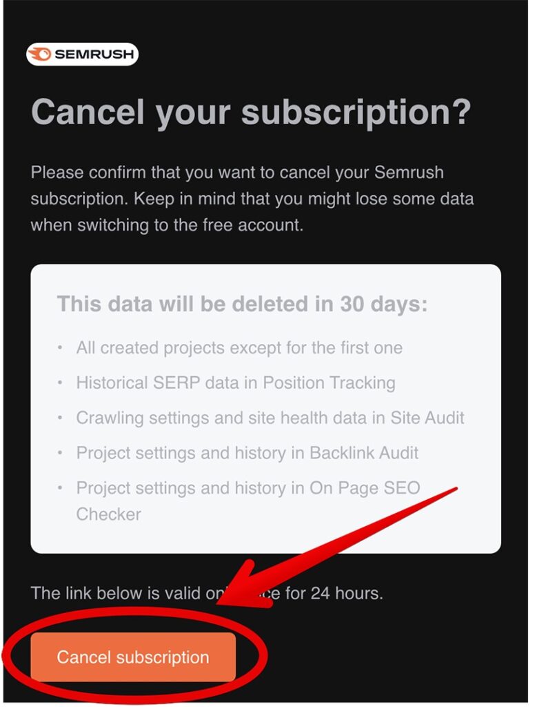 Confirm cancellation of Semrush with list of data that will be deleted after 30 days. 