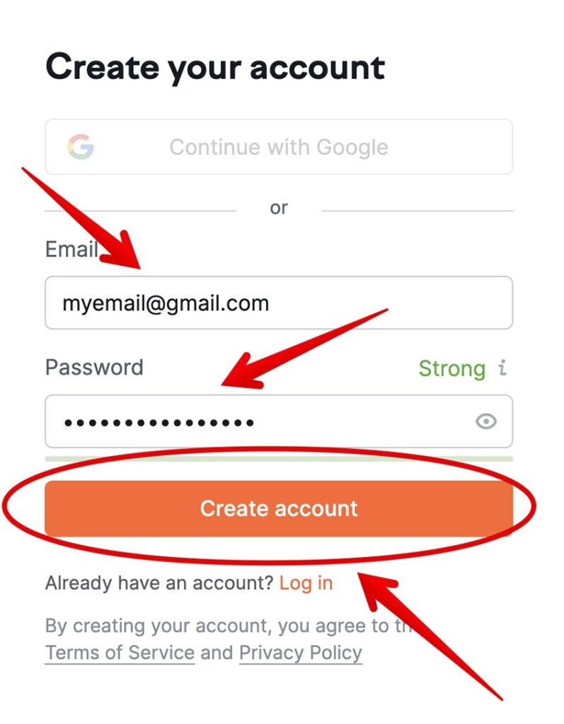Create your Semrush account page with email and password. 