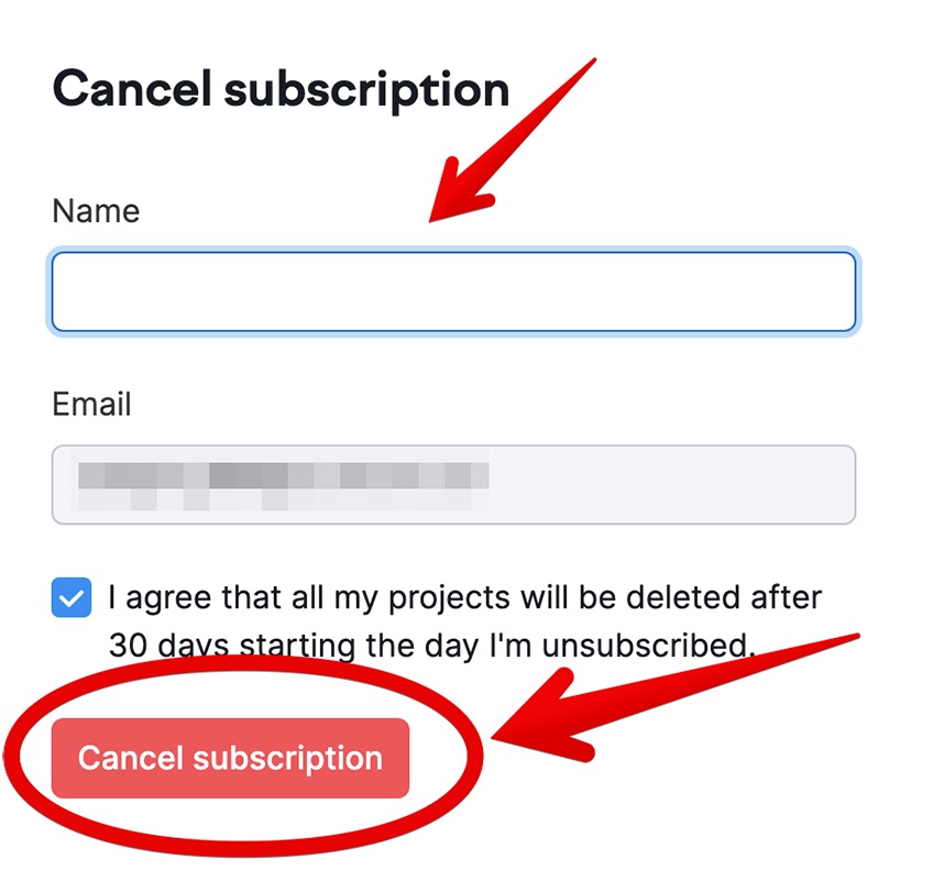 Cancel subscription confirmation screen. 