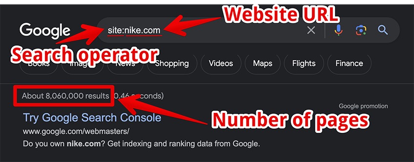 Google search results with red arrows pointing to Website URL, Search Operator, and Number of pages. 