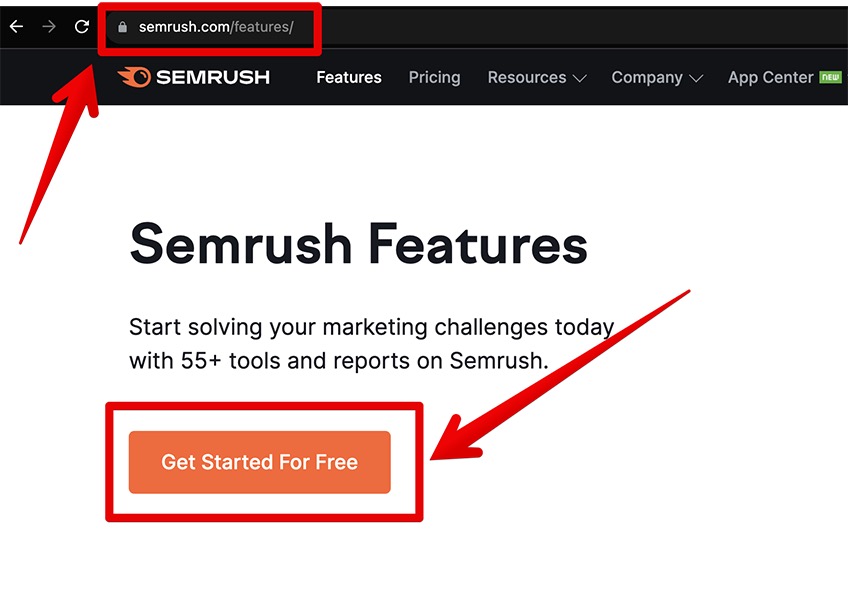 Semrush features and get started for free page. 