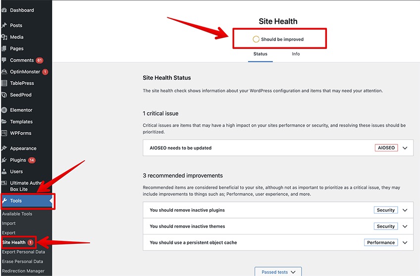 Site health status in WordPress. 
