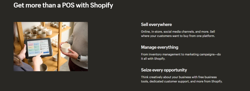 A screenshot of the shopify landing page and it's POS system.