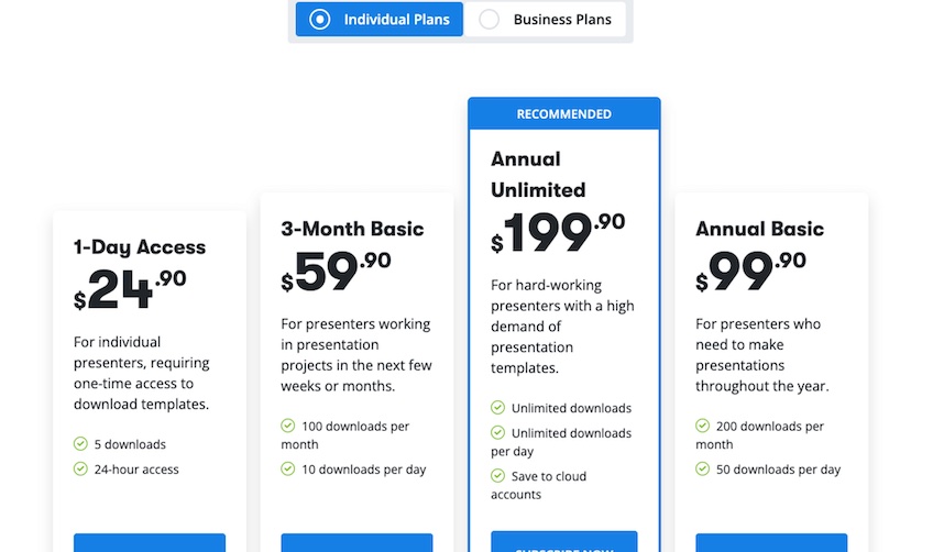 Four individual plans from SlideModel with prices.