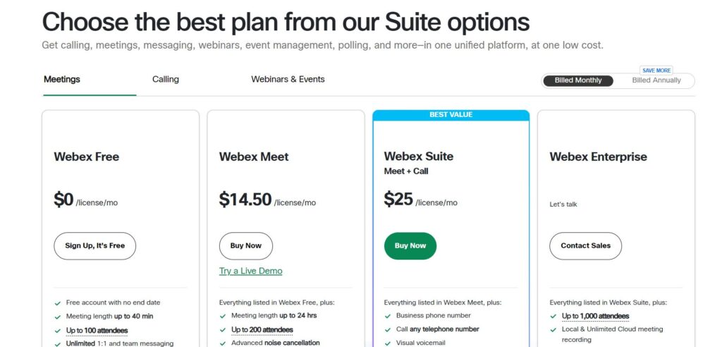 Screenshot of Webex pricing plans.