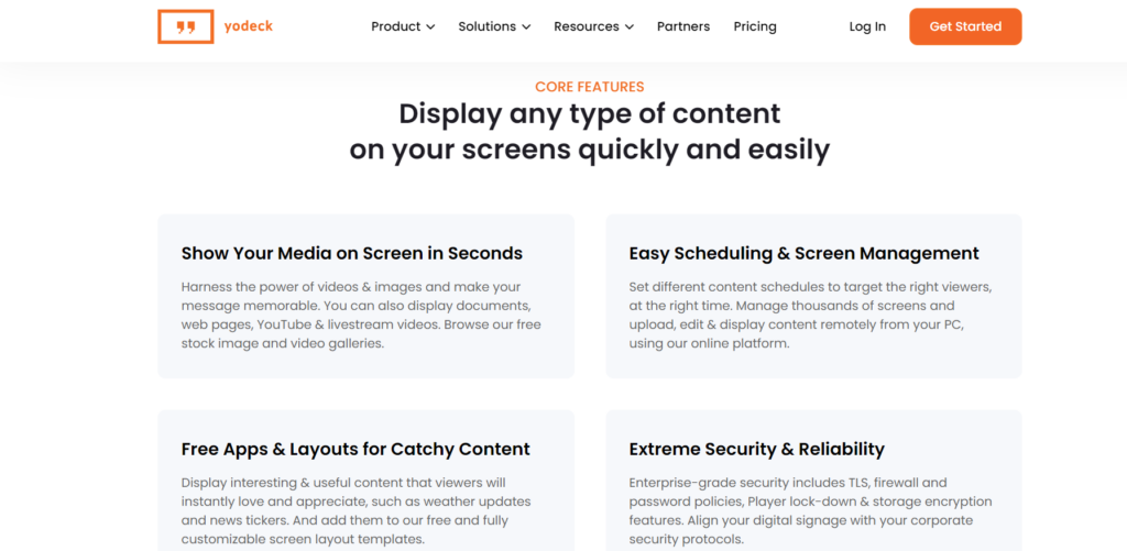 A screenshot of the Yodeck landing page displaying the core features. 