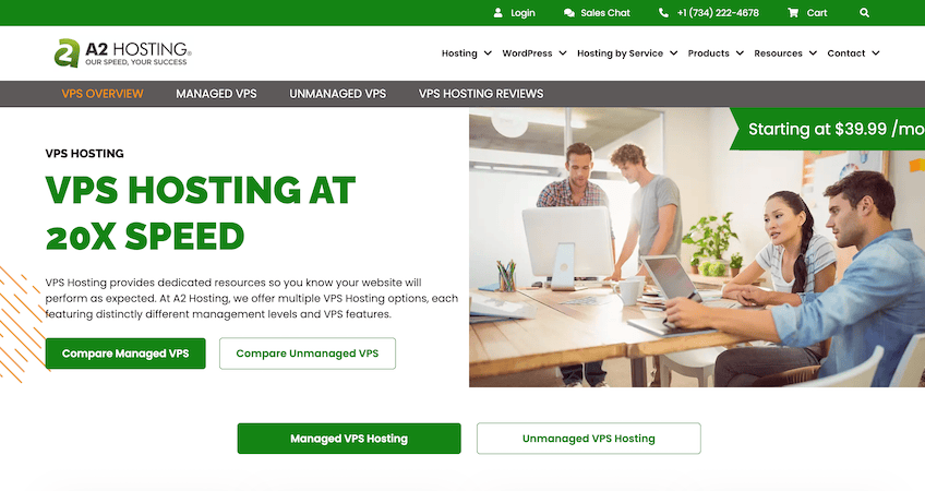 Screenshot of A2 Hosting's VPS landing page with image of four people working in an office at table