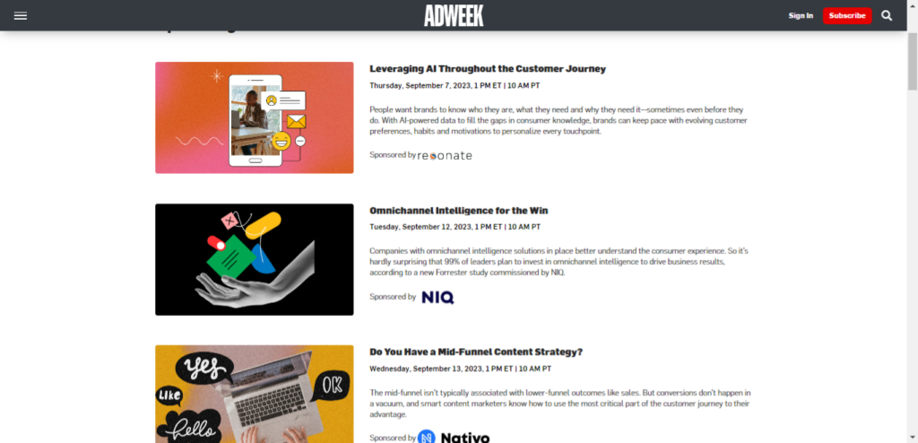 Screenshot of Adweek webinar library.