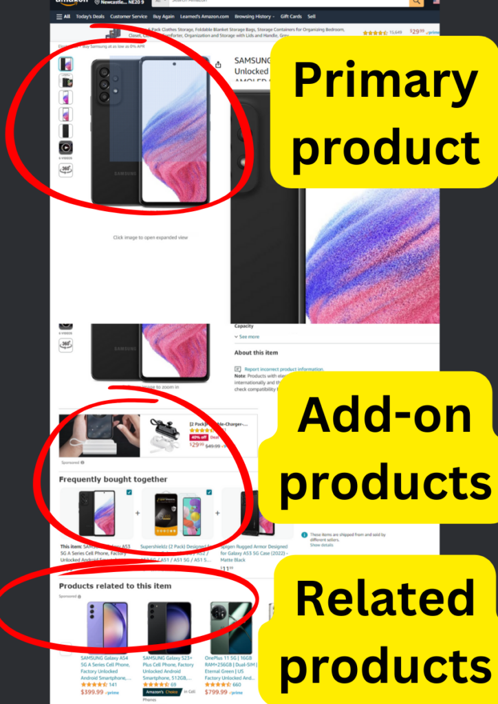 Screenshot of Amazon products highlighting add-on products and related products.