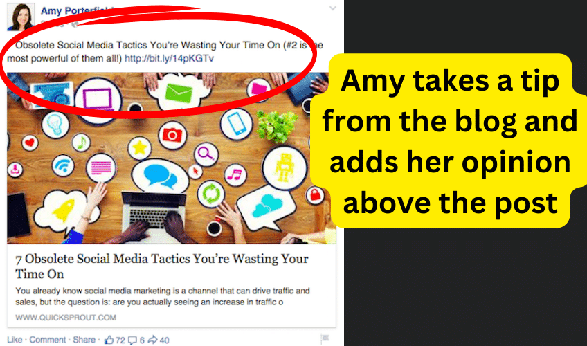 Screenshot of Facebook post by Amy Porterfield highlighting an added comment above the post.
