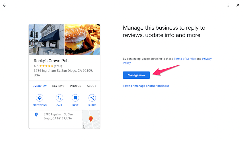 Screenshot of Rocky's Crown Pub Google Business listing with an arrow pointing to the "Manage Now" button.
