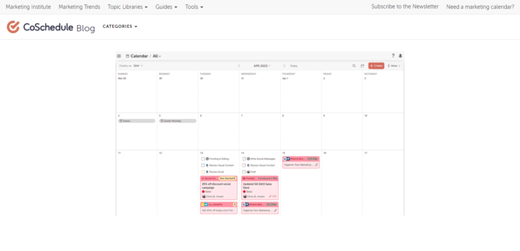 Screenshot of example of a content calendar template. Source CoSchedule.