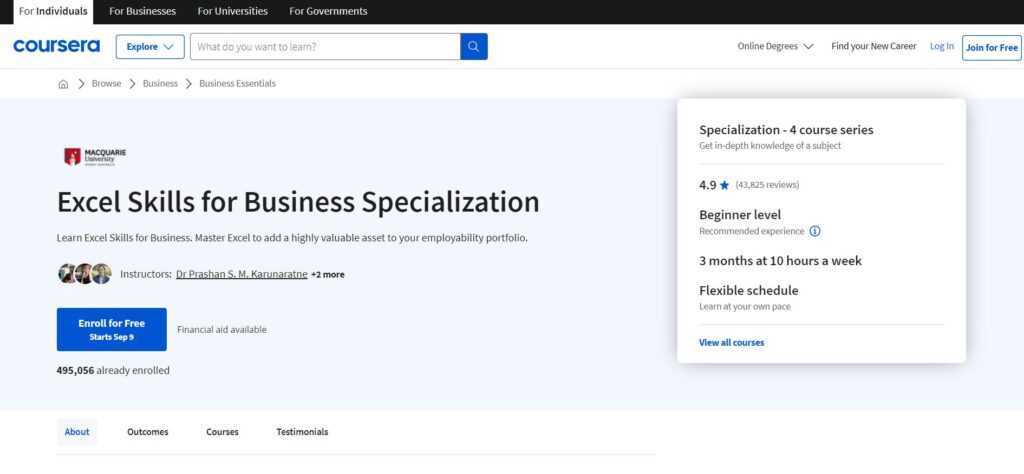Excel Skills for Business Specialization by Coursera enrollment page.