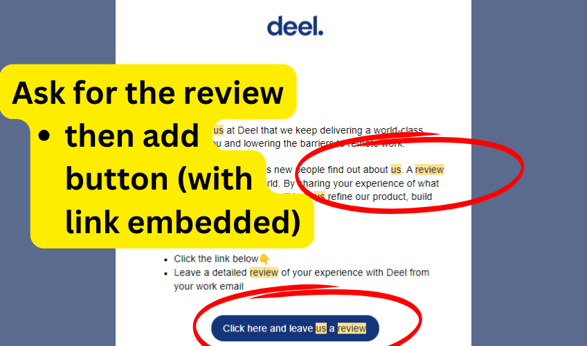 Example - business review request linking customer to popular review platform.