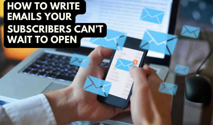 Blog header image showing someone holding a smartphone with email icons surrounding the device. 