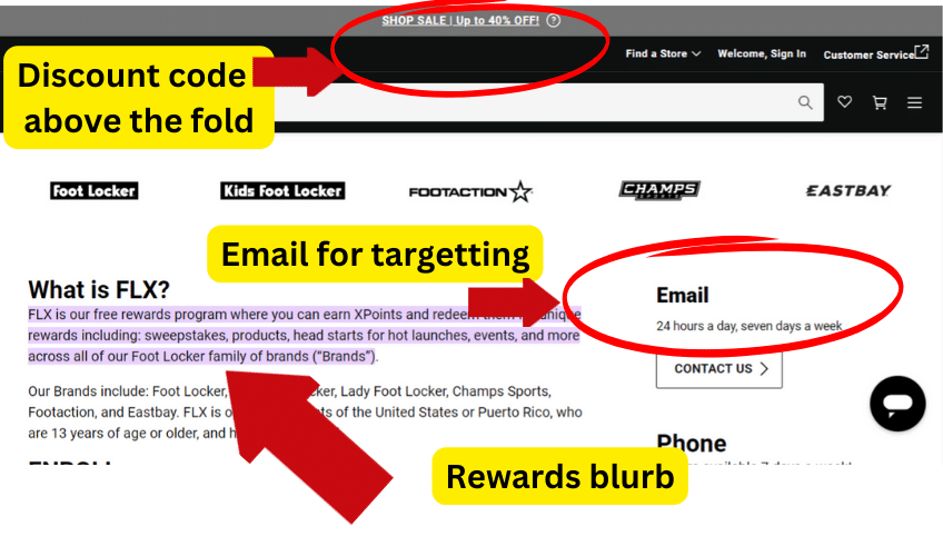 Screenshot of Footlocker rewards program.