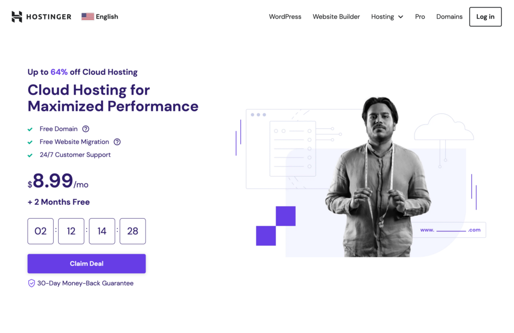 Hostinger's cloud hosting landing page promoting plans at $8.99 per month