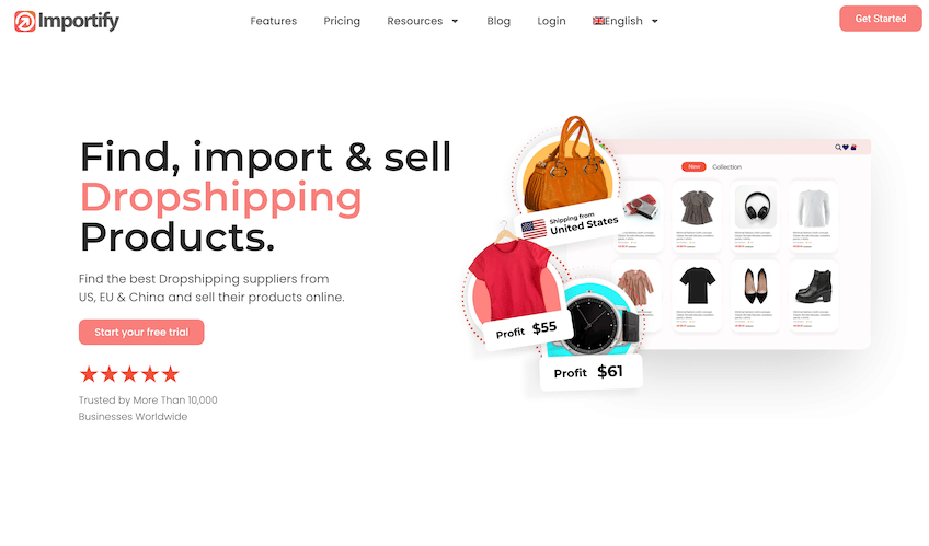 Importify homepage with a purse, shirt, and watch