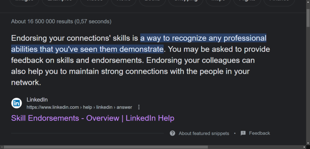 Screenshot of LinkedIn's explanation of an endorsement. 