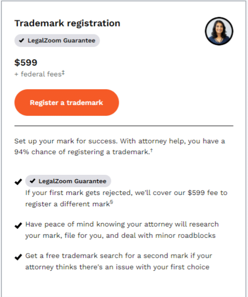Screenshot of LegalZoom trademark package listing the costs and benefits of using their service.