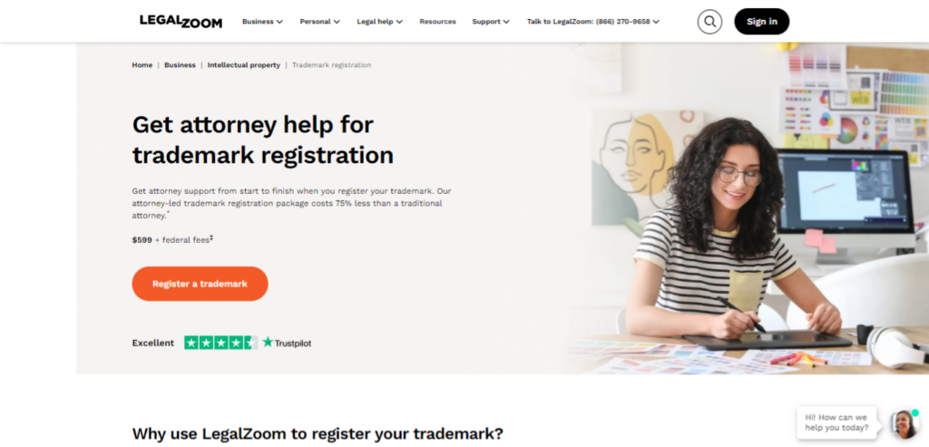 Screenshot of LegalZoom register your trademark page.