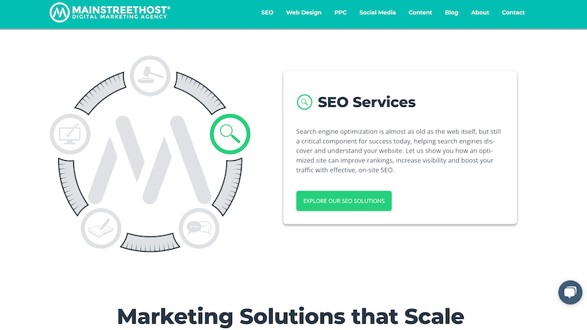 Mainstreethost homepage highlighting SEO services