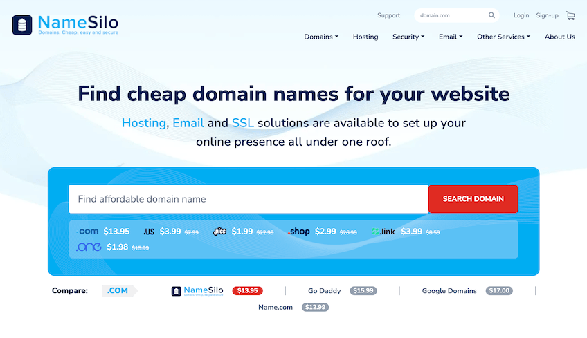 NameSilo home screen for domain registration
