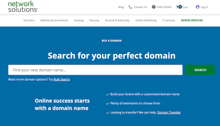 Network Solutions domain registration page