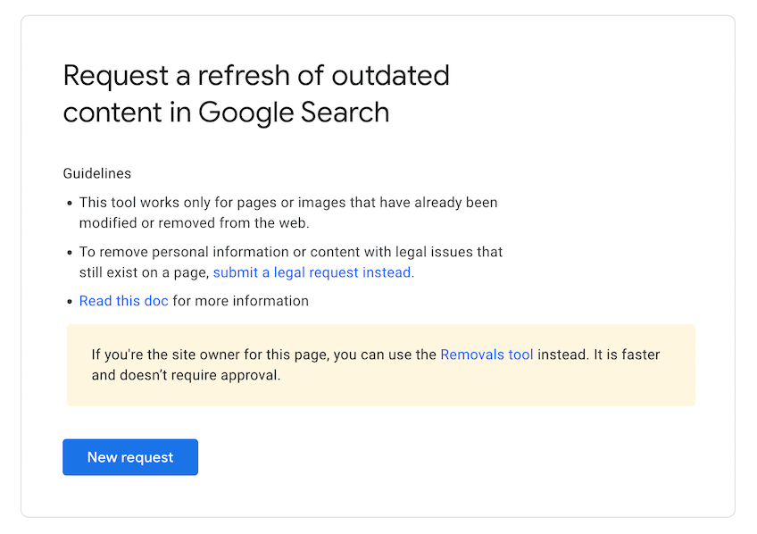 Screenshot of Google's outdated content removal tool
