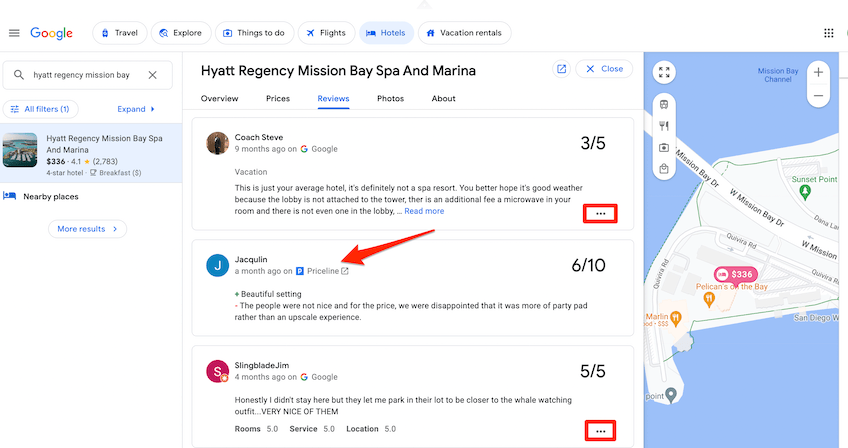 Google Reviews of Hyatt Regency Mission Bay with a red arrow highlighting a review pulled from Priceline